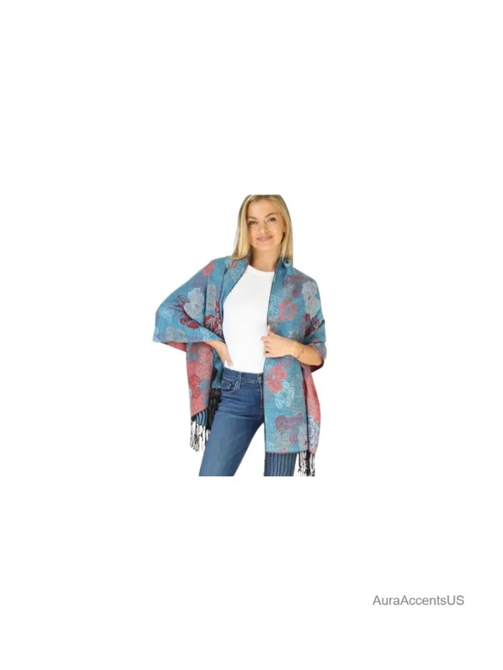 Floral Double Layer Pashmina Shawl Wrap with Fringe